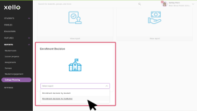 College Planning page in Xello. In the Enrollment Decisions tile, the cursor is selecting "Enrollment decisions by institution"
